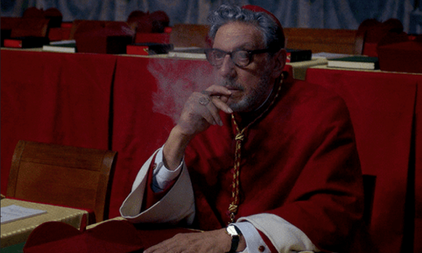 Sergio Castellitto as Cardinal Goffredo Tedesco, the vaping cardinal, in Conclave.